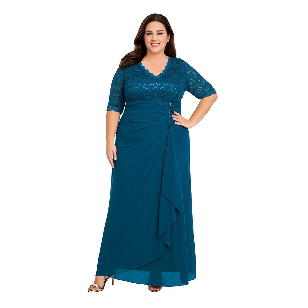 B&A by Betsy & Adam V Neck Gown Peacock Maxi Size 14W Sequin Lace Sleeves